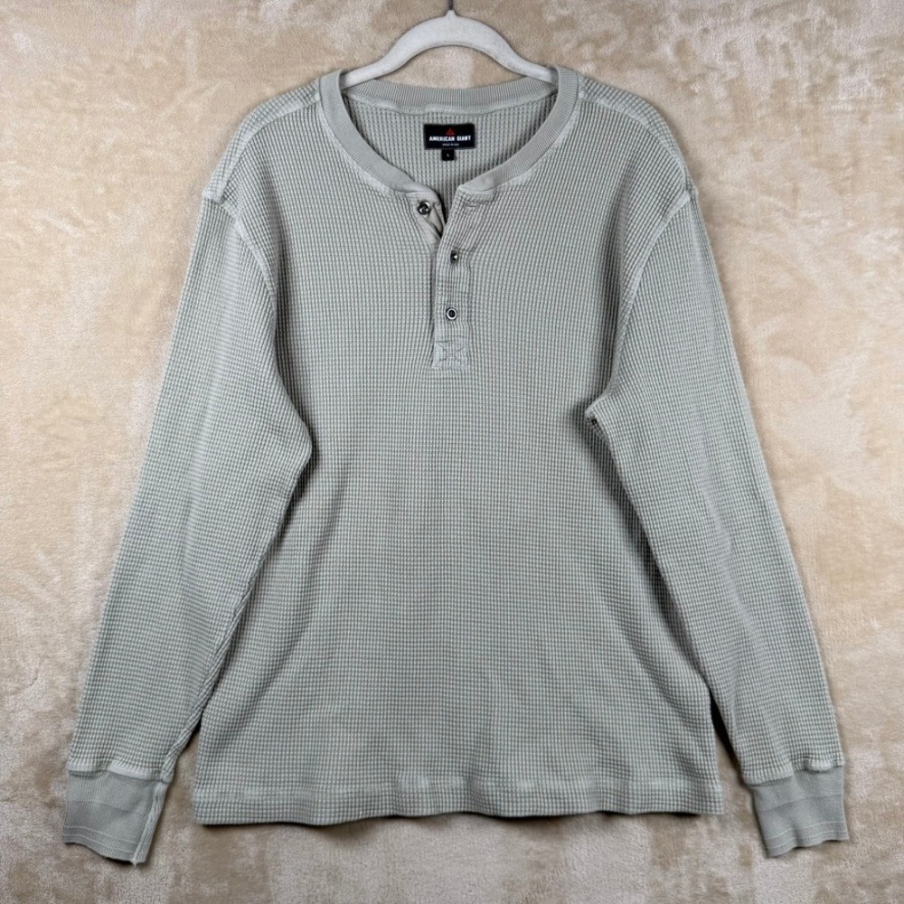 American Giant Men L Beige Waffle Knit Henley Long Sleeve Shirt Made in USA